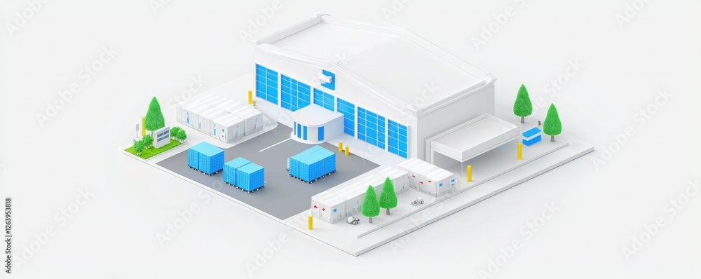 A modern, isometric warehouse design featuring blue containers, trees, and a spacious layout, ideal for logistics and distribution. A modern, isometric warehouse design featuring blue containers, trees, and a spacious layout, ideal for logistics and distribution.