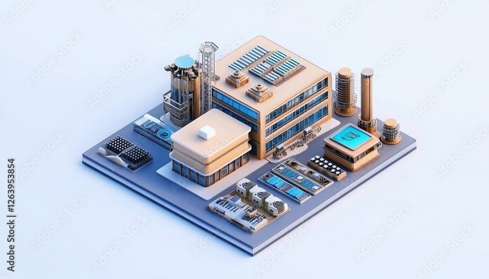 Obraz premium A detailed, modern industrial facility featuring solar panels, pools, and various structures, showcasing advanced architectural design.