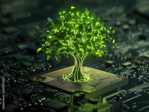 A glowing green tree appears to grow from a circuit board, symbolizing the fusion of nature and technology.
