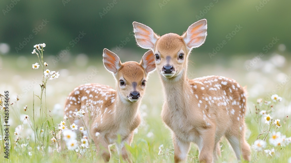 Two fawn deer in a field of wildflowers Two fawn deer in a field of wildflowers