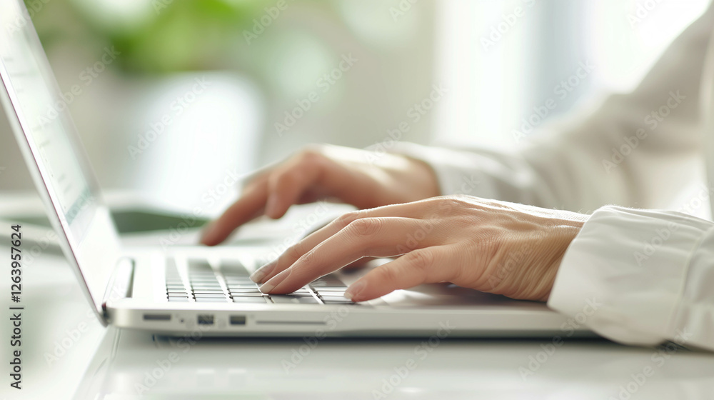 Close-up of hands typing on a laptop keyboard in a bright and modern office setting Close-up of hands typing on a laptop keyboard in a bright and modern office setting