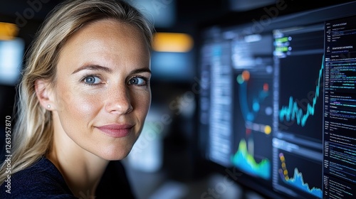 Free Download Confident and Visionary Businesswoman Presenting Innovative Data Analytics and Financial Insights on Laptop Computer Screen in Corporate Office Environment - GFXLoad