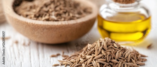 Caraway seeds & oil on wood.  Healthy cooking ingredient
