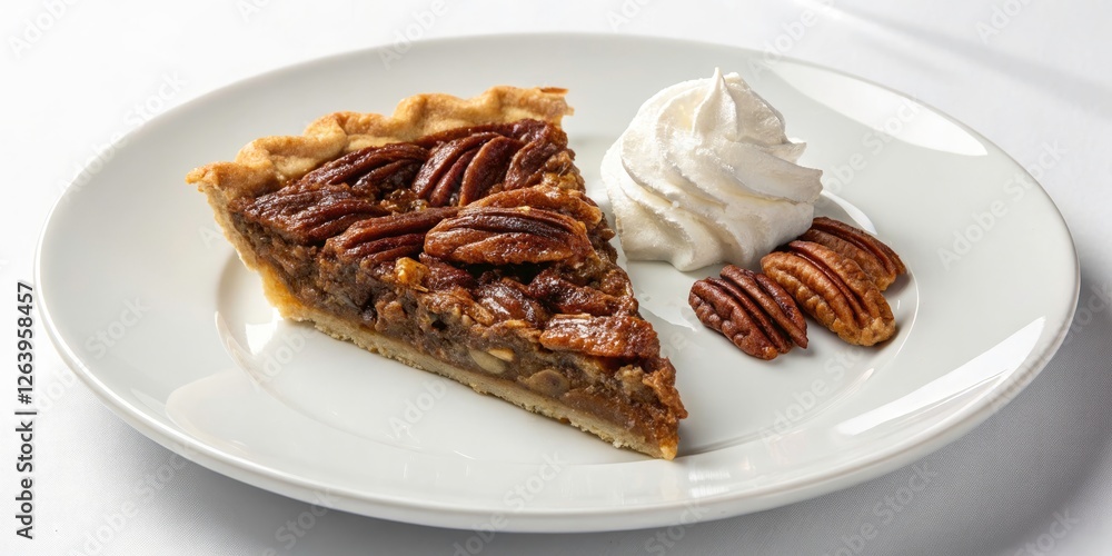 Delicious Slice of Pecan Pie on a White Plate Isolated on White Background - Perfect for Food Photography, Dessert, Thanksgiving, Sweet Treats, and Bakery Inspiration Delicious Slice of Pecan Pie on a White Plate Isolated on White Background - Perfect for Food Photography, Dessert, Thanksgiving, Sweet Treats, and Bakery Inspiration