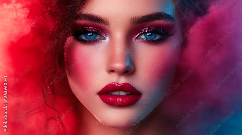 Enigmatic Beauty: A Portrait in Red and Blue Hues Enigmatic Beauty: A Portrait in Red and Blue Hues
