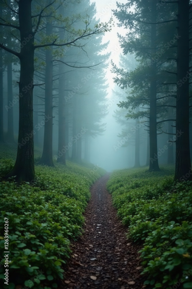 Naklejka premium Forest path winding through misty foggy landscape, wood grain, foggy day, misty morning