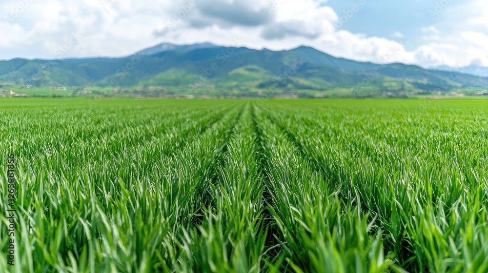 Fototapeta premium Lush green wheat field, mountain backdrop, rural landscape, agriculture