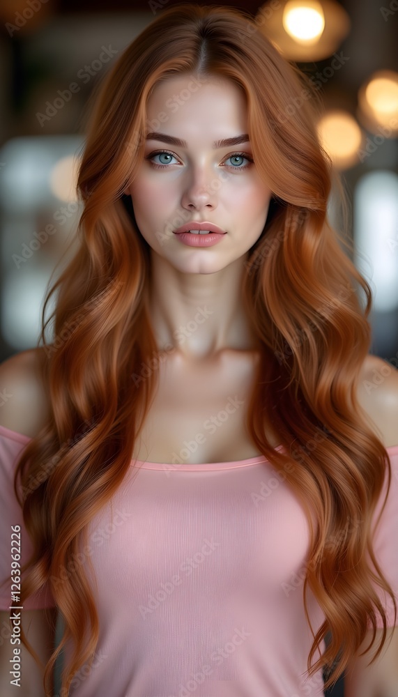 An ultra-realistic full body portrait of a beautiful young woman with flawless, porcelain-like skin and long flowing red blonde hair cascading over her shoulders. An ultra-realistic full body portrait of a beautiful young woman with flawless, porcelain-like skin and long flowing red blonde hair cascading over her shoulders.