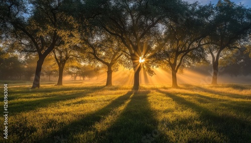 Golden Hour Serenity: Sunbeams through Majestic Oaks