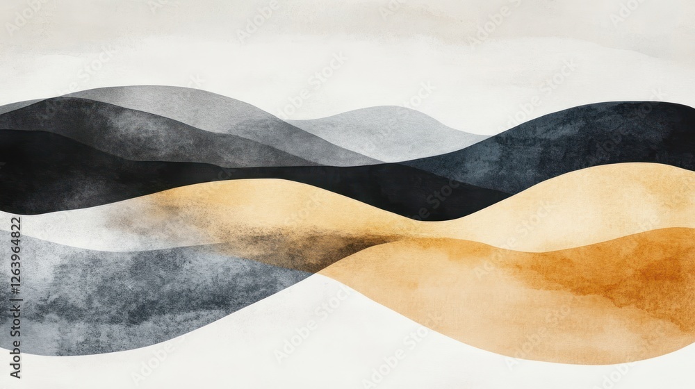 Abstract landscape with flowing waves in earthy tones of black, gray, and gold. Abstract landscape with flowing waves in earthy tones of black, gray, and gold.
