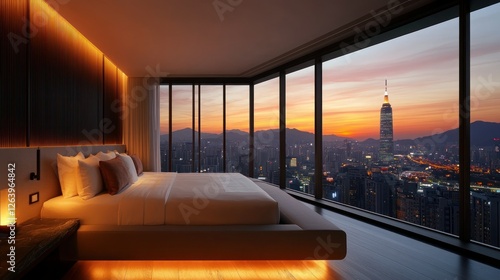 Luxury bedroom, city sunset view, skyscraper, night