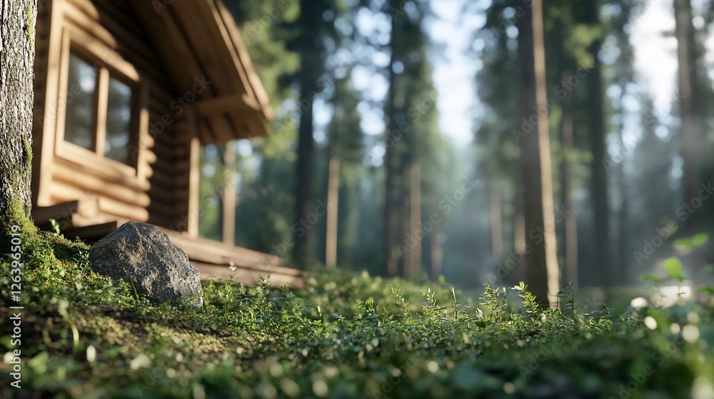 Cabin in sun-dappled forest; tranquil escape