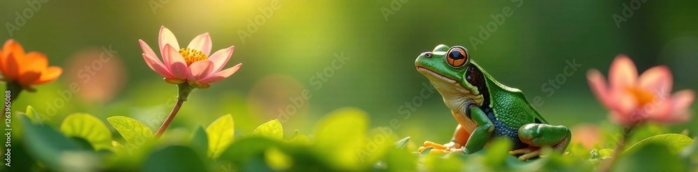 Fototapeta premium Frog gazing up at a blooming flower in a lush meadow, wildflowers, foliage, meadow