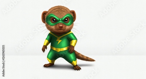 Adorable Baby Mongoose in Green and Yellow Superhero Costume on White