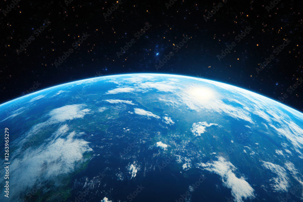 Obraz premium stunning view of Earth from space, showcasing vibrant blue oceans and white clouds against backdrop of stars. curvature of planet is highlighted by sunlight reflecting off surface