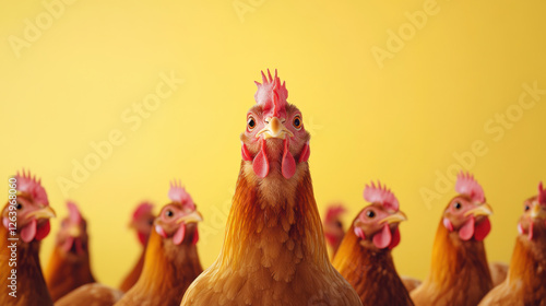 Wallpaper Mural brown old mother chicken stands out among group of chickens, showcasing its vibrant feathers against bright yellow background. scene captures lively farm atmosphere Torontodigital.ca