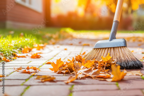 Wallpaper Mural broom with bristles sweeping colorful autumn leaves on brick pathway, capturing essence of fall cleaning. warm sunlight enhances vibrant colors of leaves Torontodigital.ca