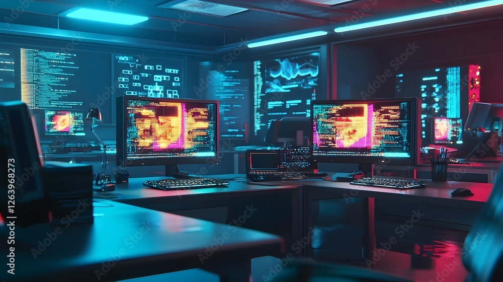 Futuristic office space with glowing screens displaying data, showcasing a tech-focused environment Futuristic office space with glowing screens displaying data, showcasing a tech-focused environment