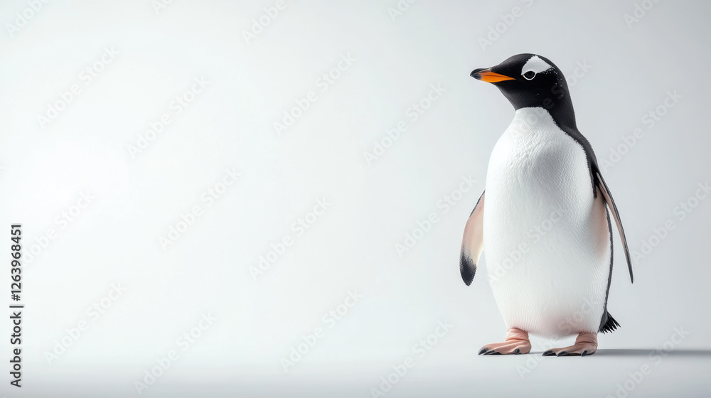 Obraz premium cinematic still of cute penguin standing on white background, showcasing its distinctive black and white feathers and bright orange beak, evoking sense of charm and playfulness