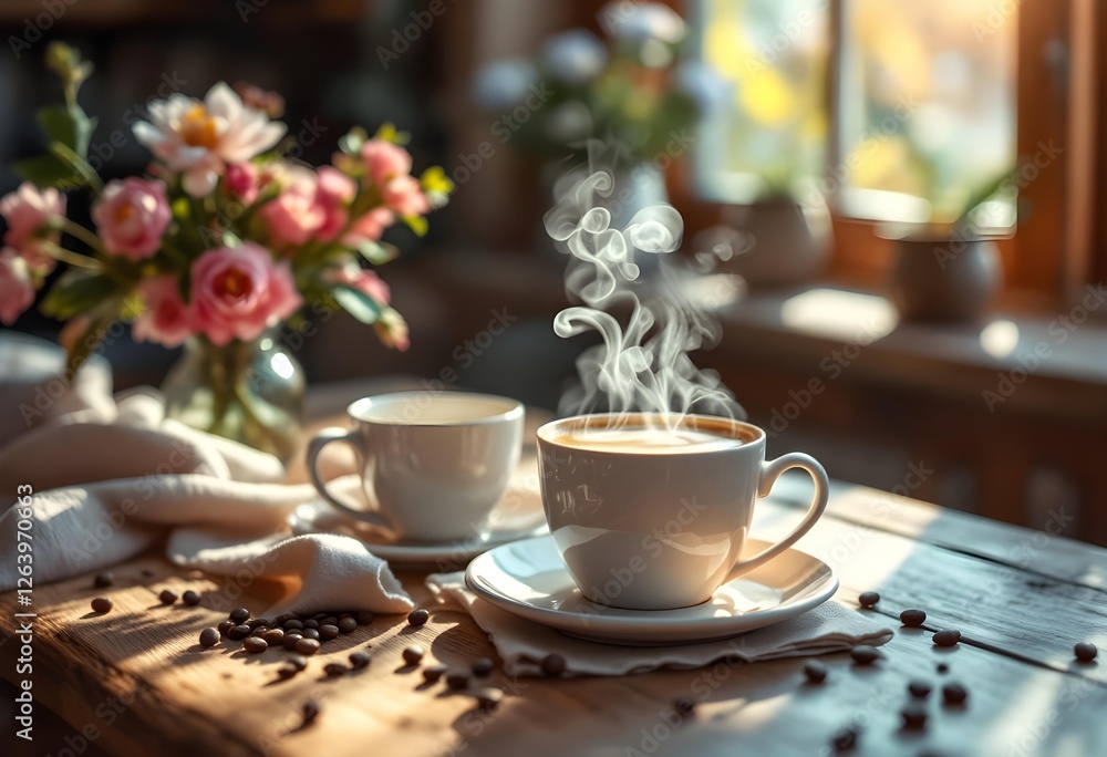Two steaming cups of coffee sit on a rustic wooden table next to a bouquet of flowers bathed in sunlight Perfect for a relaxing morning atmosphere. Two steaming cups of coffee sit on a rustic wooden table next to a bouquet of flowers bathed in sunlight Perfect for a relaxing morning atmosphere.