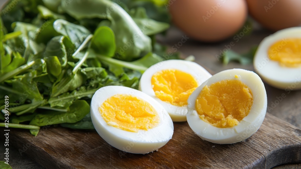 A close-up of halved boiled eggs on a wooden cutting board, accompanied by fresh spinach and whole eggs in the background. A close-up of halved boiled eggs on a wooden cutting board, accompanied by fresh spinach and whole eggs in the background.