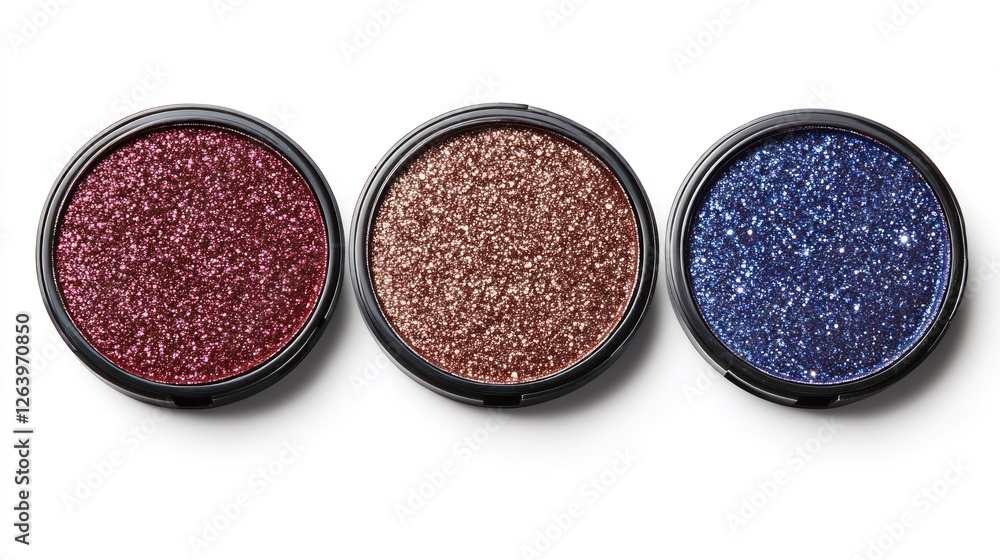 Glittery eyeshadow palettes, studio shot, white background, cosmetic product Glittery eyeshadow palettes, studio shot, white background, cosmetic product