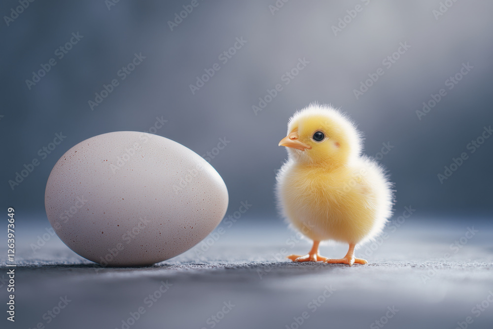 fluffy yellow chick stands beside pale egg, creating charming scene of new life. soft texture of chick contrasts with smooth surface of egg, evoking feelings of warmth and innocence fluffy yellow chick stands beside pale egg, creating charming scene of new life. soft texture of chick contrasts with smooth surface of egg, evoking feelings of warmth and innocence