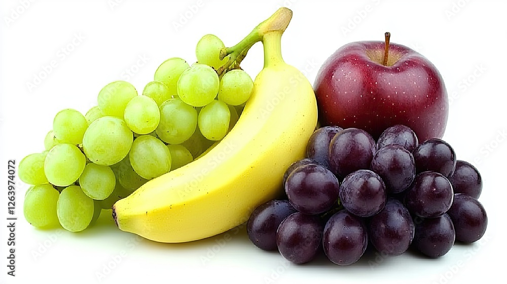 Fresh assortment of fruits including green grapes, a banana, red apple, and purple grapes on a white background