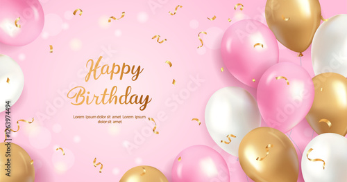 Realistic happy birthday banner with pink and white balloons and confetti falling on a rose colored background. Suitable for greeting cards, posters, parties, invitations