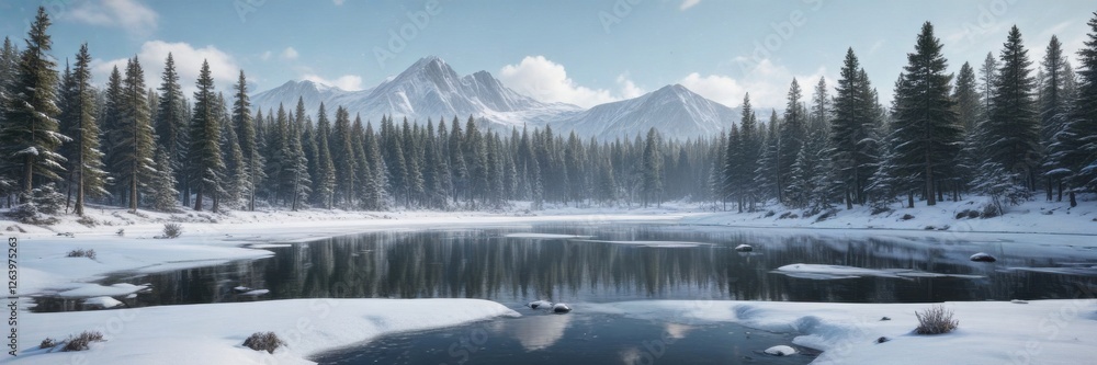 Frozen lake with Christmas tree and snow-covered pine trees, pine, snow-covered, snow Frozen lake with Christmas tree and snow-covered pine trees, pine, snow-covered, snow