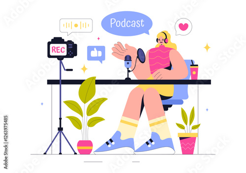 Podcast Vector Illustration featuring People Using Headsets to Record Audio, a Host Interviewing a Guest, or an Online Show with a Microphone