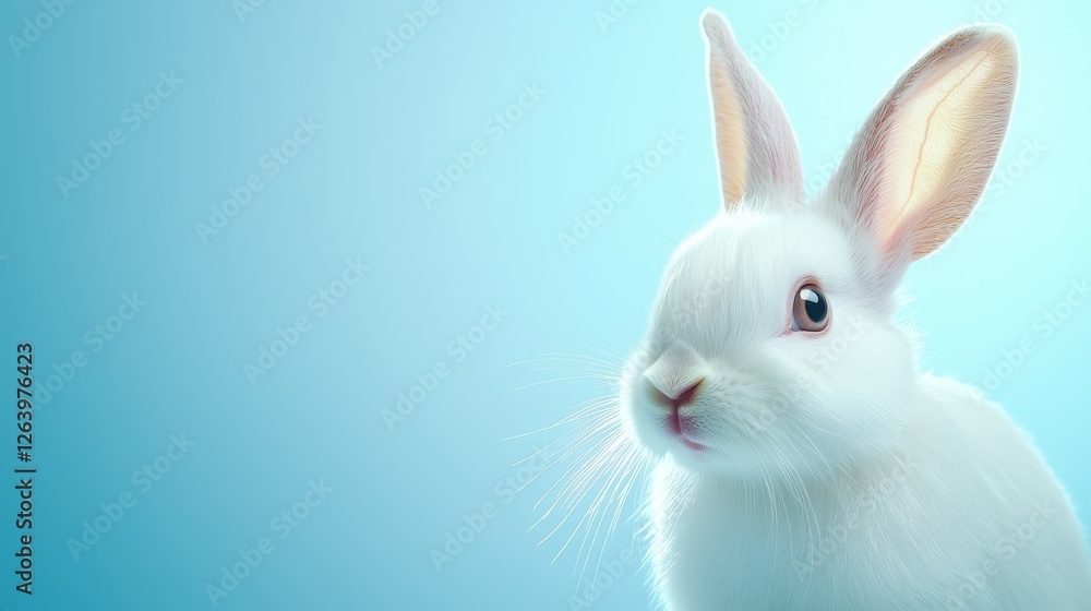 Adorable white rabbit portrait, a captivating closeup against serene blue backdrop Adorable white rabbit portrait, a captivating closeup against serene blue backdrop