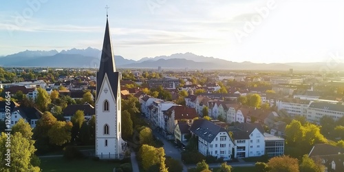 Church steeple, town, mountain view, autumn