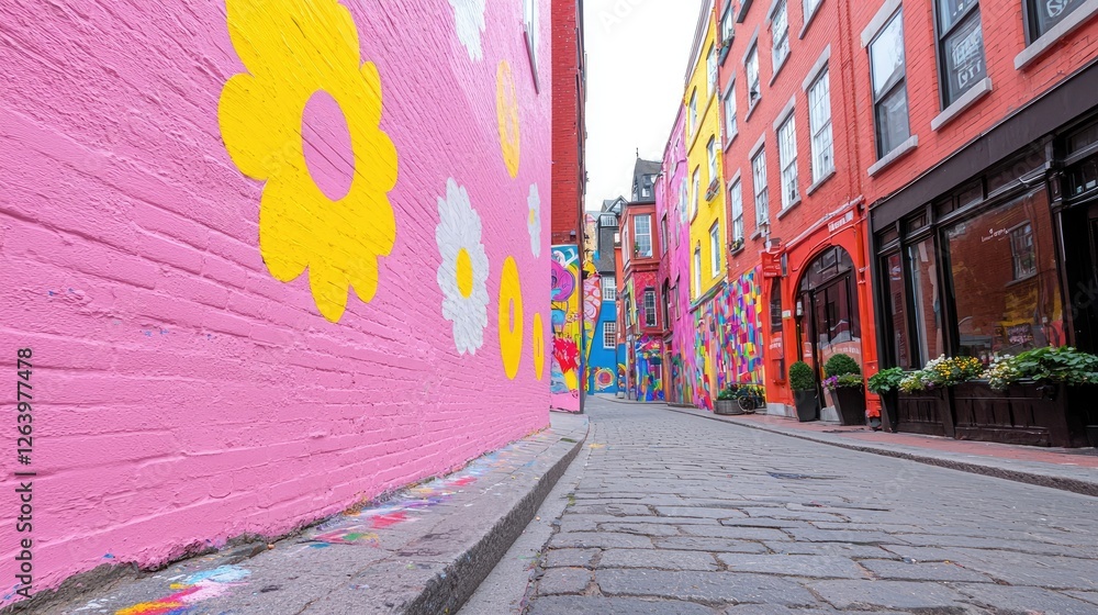 Fototapeta premium Colorful alleyway with murals in pink and yellow. Urban street art. Possible use Stock photo for travel, city, and street art themes