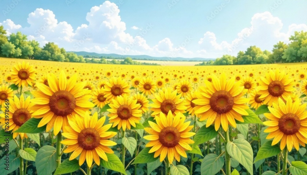 Fototapeta premium Vibrant watercolor sunflowers in a field, flowers, summer, colorful