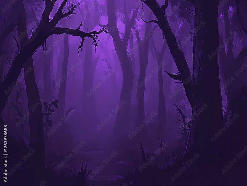 Fototapeta premium Purple Forest Path, Mystical Fog, Game Background