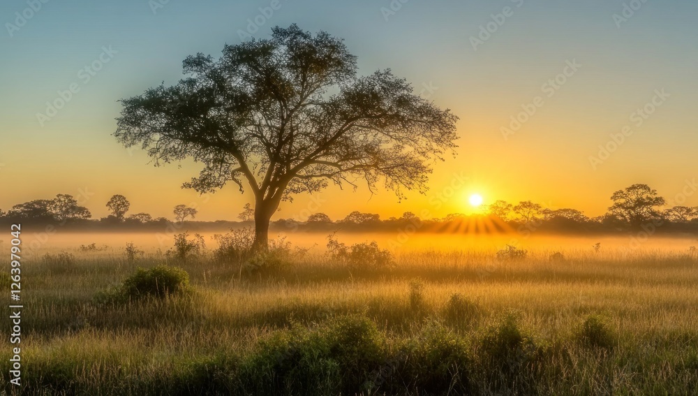 African Savanna Sunrise: Golden Rays Illuminate the Serene Landscape African Savanna Sunrise: Golden Rays Illuminate the Serene Landscape