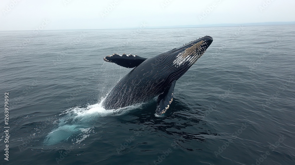 Naklejka premium Humpback whale breaching ocean, coastal background, wildlife documentary