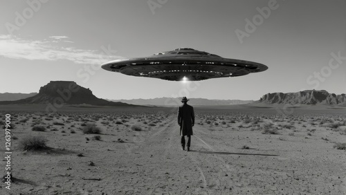 Retro 1950s UFO Crash in Desert with Dust Clouds and Mysterious Alien Spaceship Wreckage