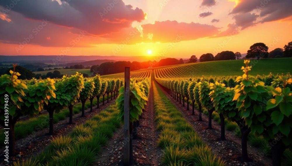 Fototapeta premium Vineyard landscape at sunset with wine barrels and trees, barrels, trees, rustic
