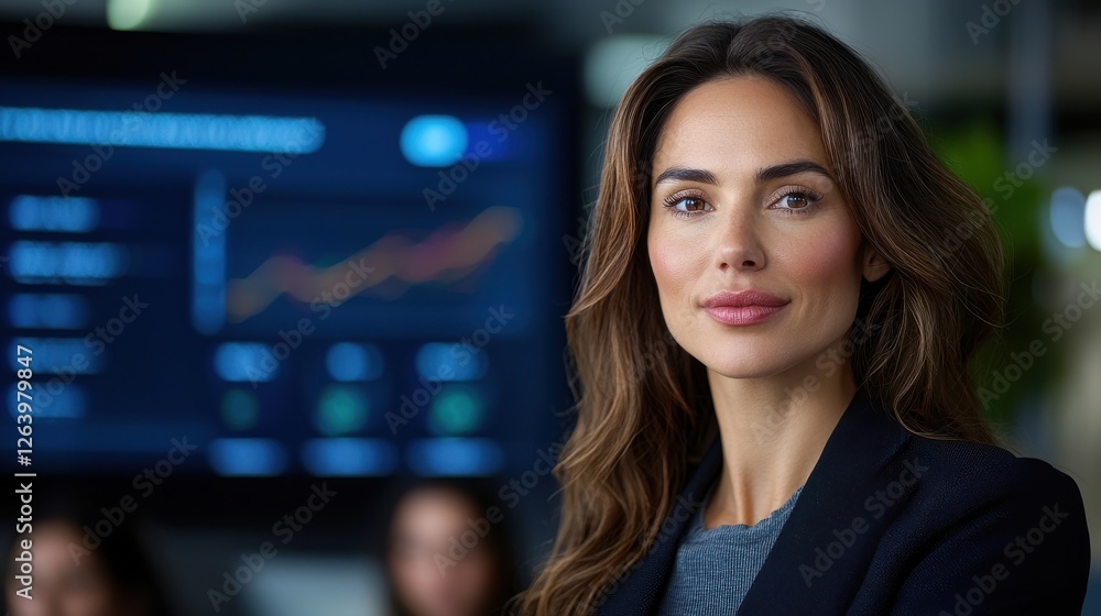 Fototapeta premium Confident Businesswoman Analyzing Data Driven Presentation on Laptop in Modern Office Exploring Financial Statistics Market Trends and Strategic Planning