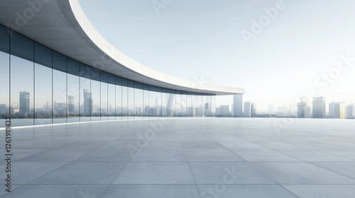 wide angle view of empty concrete floor with modern curved design, showcasing city skyline in background. serene atmosphere evokes sense of openness and tranquility