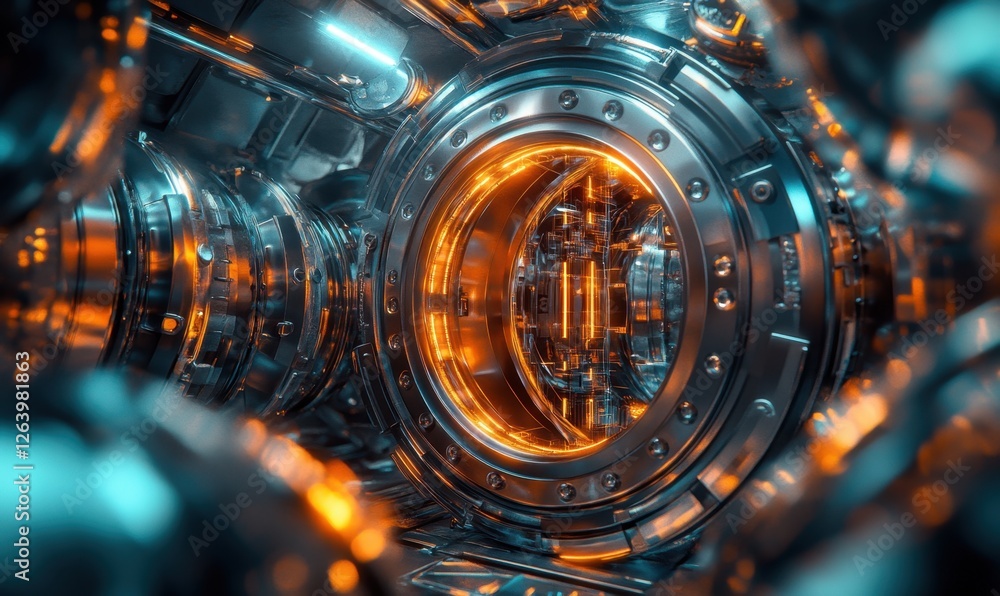 Fototapeta premium Futuristic machine interior, glowing core, complex mechanisms, technological background, sci-fi concept