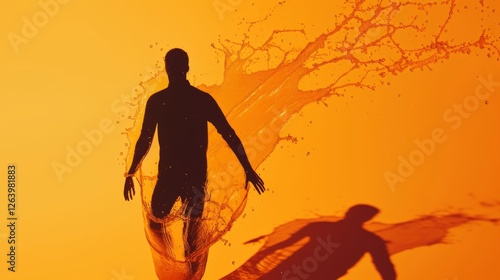 A striking digital artwork of a human silhouette seamlessly merging with a dynamic liquid splash against a vibrant orange background, creating a surreal and artistic composition. AI generated.