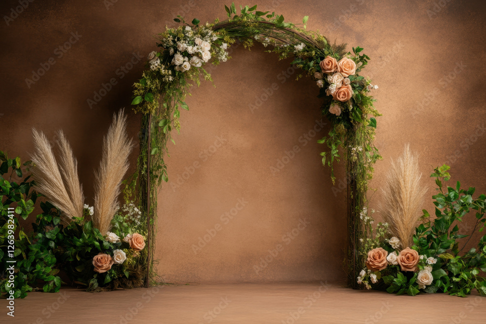 Obraz premium beautiful archway adorned with pampas grass and roses, creating romantic atmosphere for events. earthy tones enhance floral arrangement elegance and charm