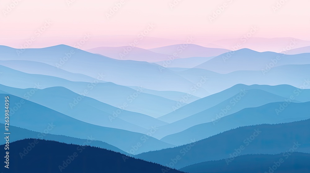 Obraz premium Serene mountain landscape with layered blue hills and soft pastel sky at dawn, ideal for tranquil scenes