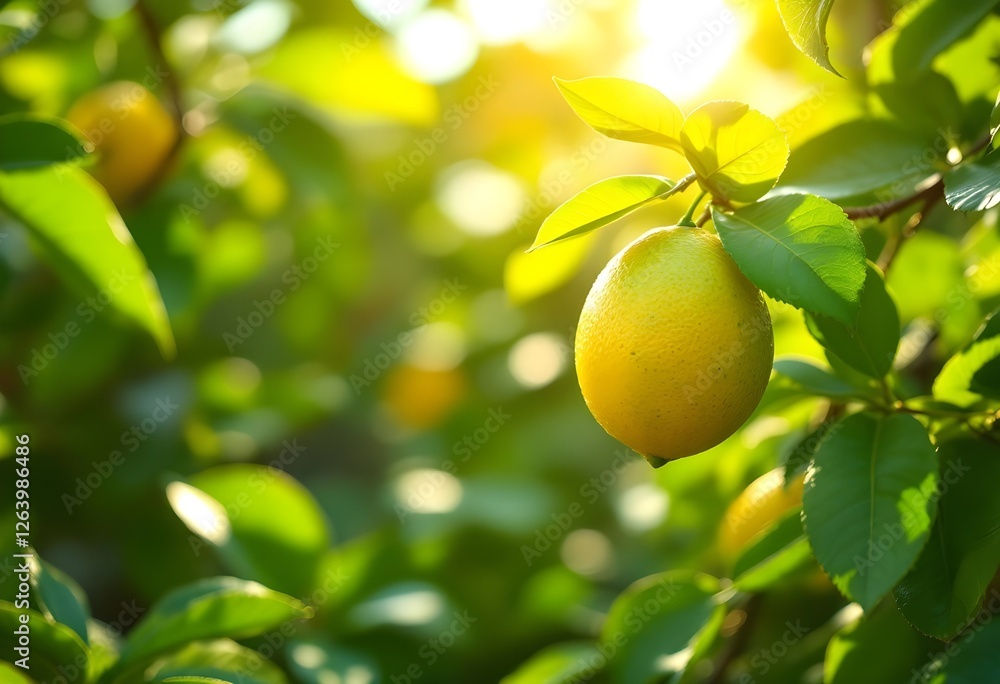 Fresh Lemon Growing on Tree in Sunlight with Green Leaves Fresh Lemon Growing on Tree in Sunlight with Green Leaves