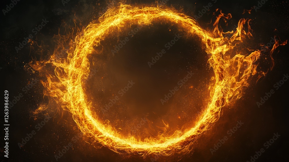 Fototapeta premium Fiery ring burning dark background; design element