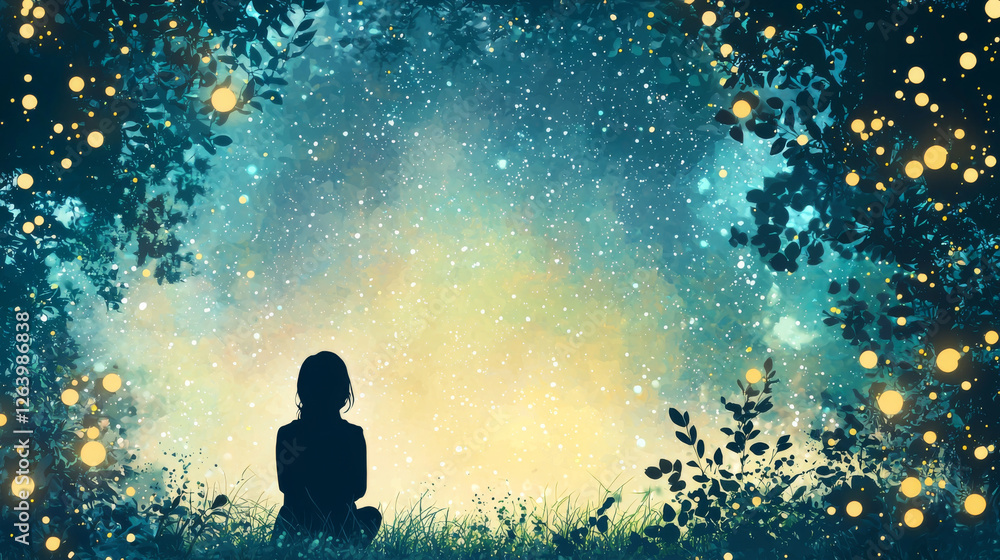 Fototapeta premium young woman silhouette stargazing in serene, magical landscape filled with soft lights and lush foliage. scene evokes sense of wonder and tranquility