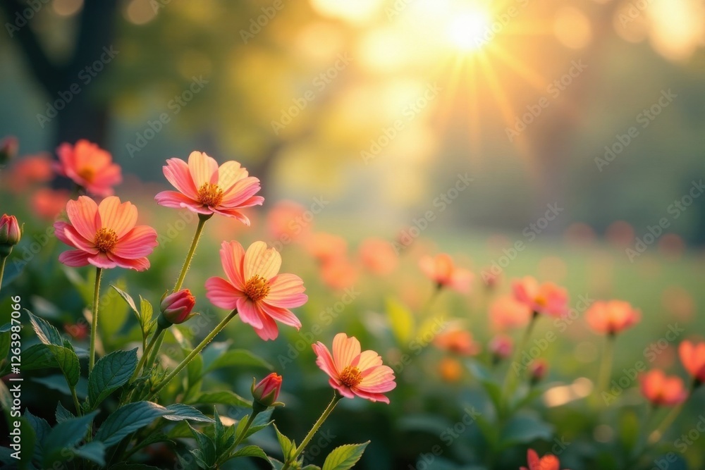 Gentle Morning Light Illuminates a Blurred Floral Landscape, misty, flowers, greenery Gentle Morning Light Illuminates a Blurred Floral Landscape, misty, flowers, greenery